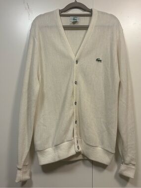 Vintage 80s Lacoste IZOD Cardigan, Cream Croc Logo, Men's M
